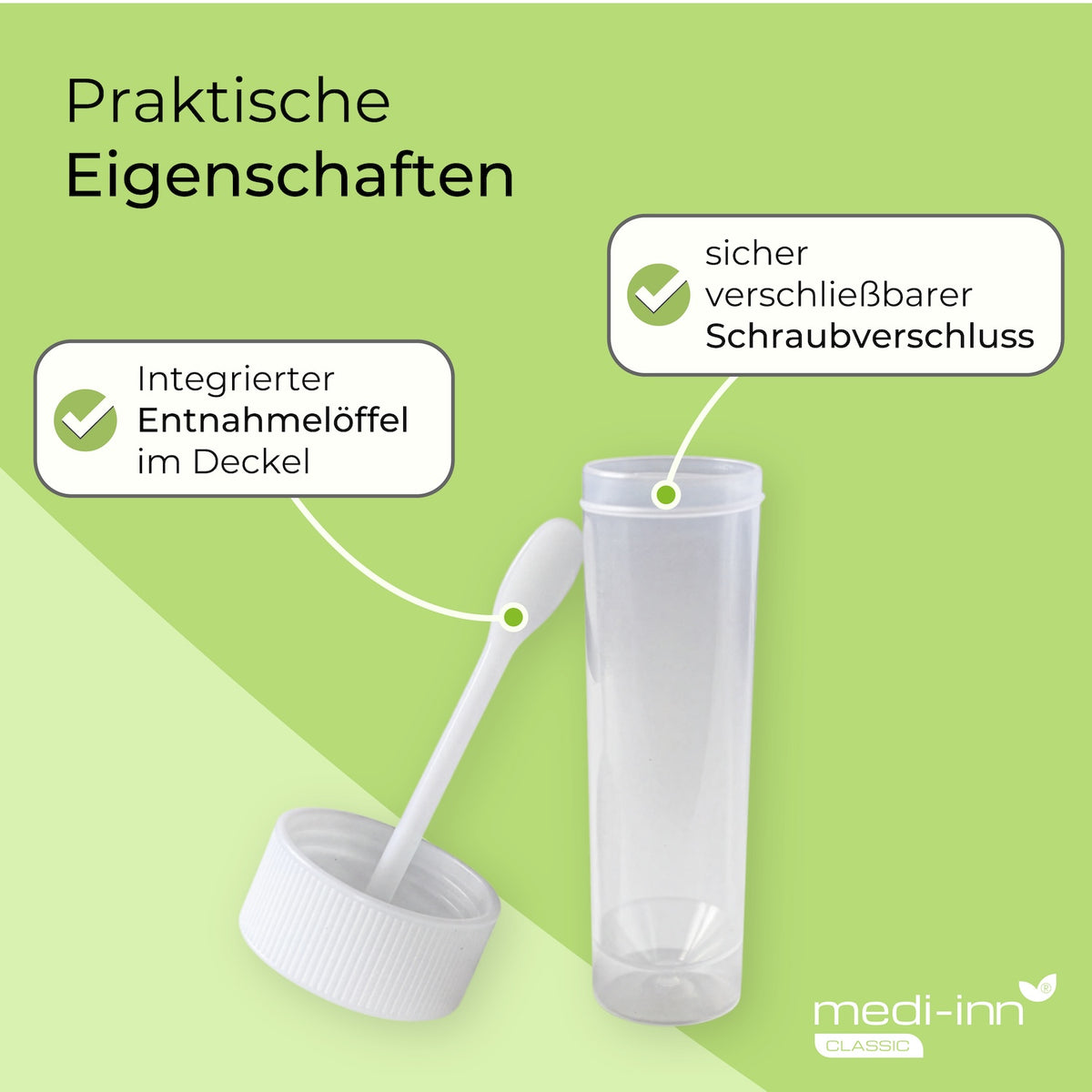Praktische Eigenschaften: Integrierter Entnahmelöffel im Deckel, sicher verschließbarer Schraubverschluss