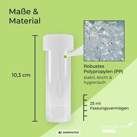 Maße & Material: 10,3 cm Länge, 25 ml Fassungsvermögen, Robustes Polypropylen (PP)