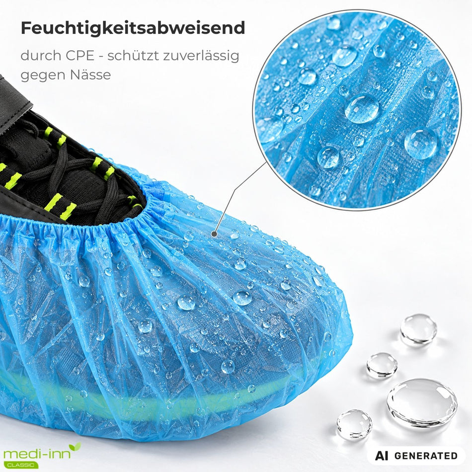 Blauer Überschuh auf Sneaker mit Wassertropfen, feuchtigkeitsabweisend durch CPE-Material, schützt vor Nässe