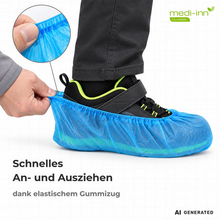 Medi-inn Classic Überschuh blau, Hand zieht elastischen Gummizug am Knöchel an, schnelles An- und Ausziehen