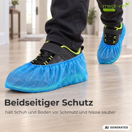 Person läuft mit blauen Überschuhen auf Holzboden, beidseitiger Schutz für Schuh und Boden vor Schmutz