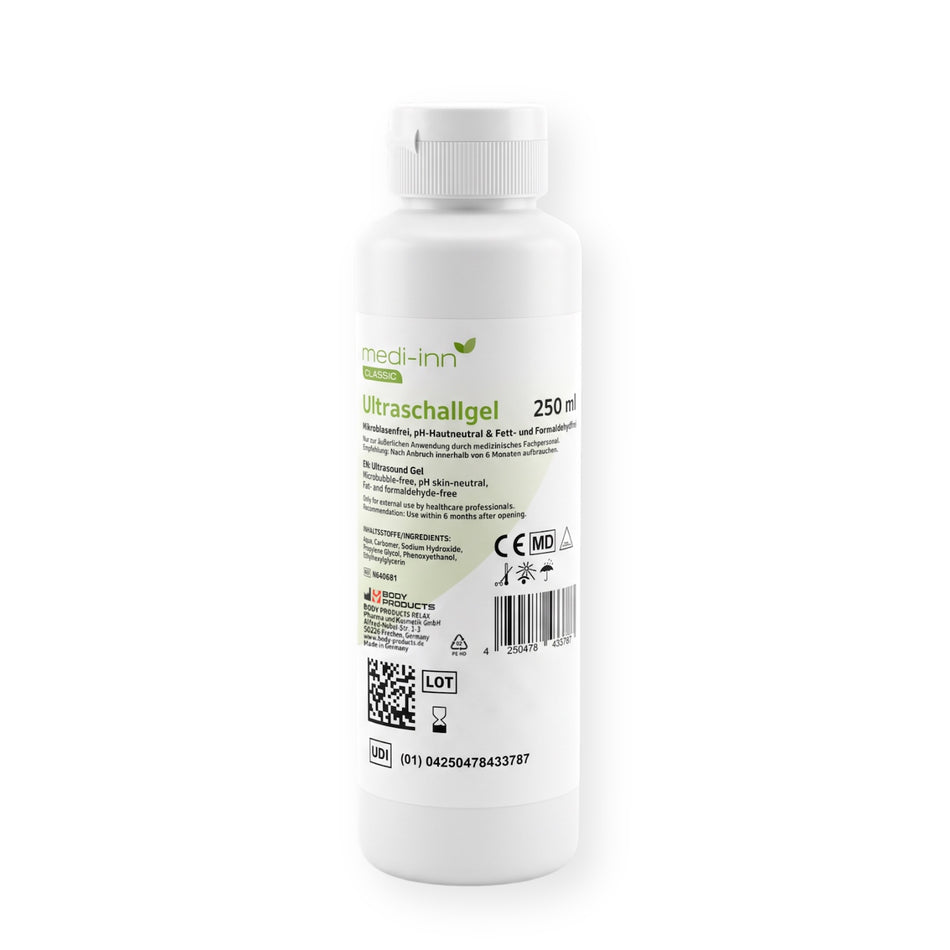 Weiße 250-ml-Flasche medi-inn Classic Ultraschallgel mit Schraubverschluss auf weißem Hintergrund
