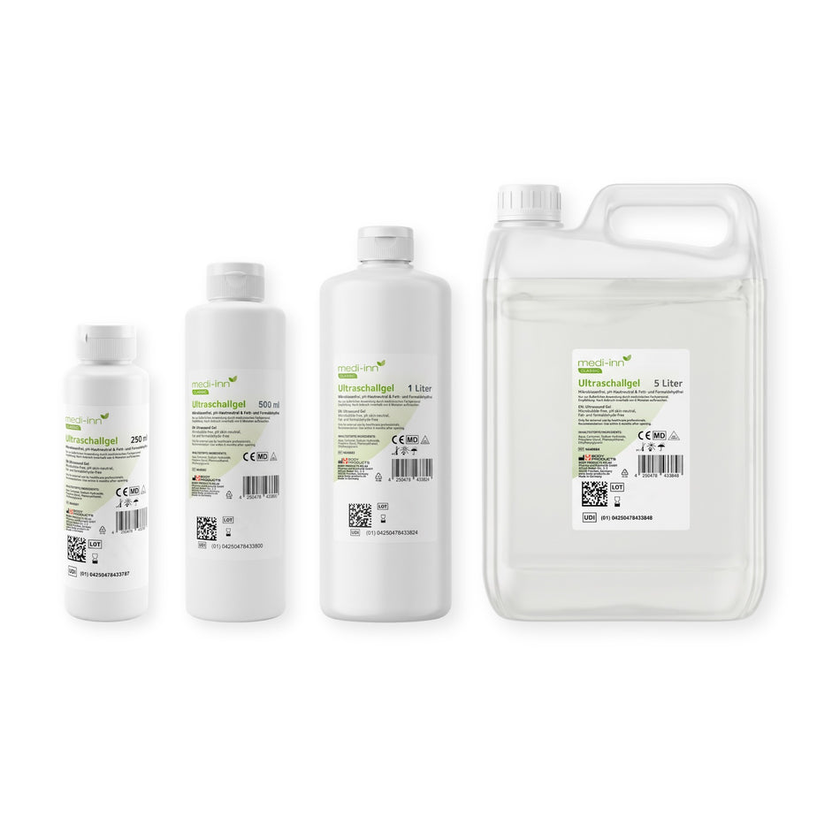 Vier medi-inn Classic Ultraschallgel-Gebinde im Größenvergleich: 250 ml, 500 ml, 1 Liter und 5 Liter