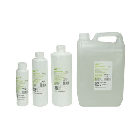 Medi-inn Classic Ultraschallgel Größenvergleich: 250 ml, 500 ml, 1 Liter Flasche und 5 Liter Kanister