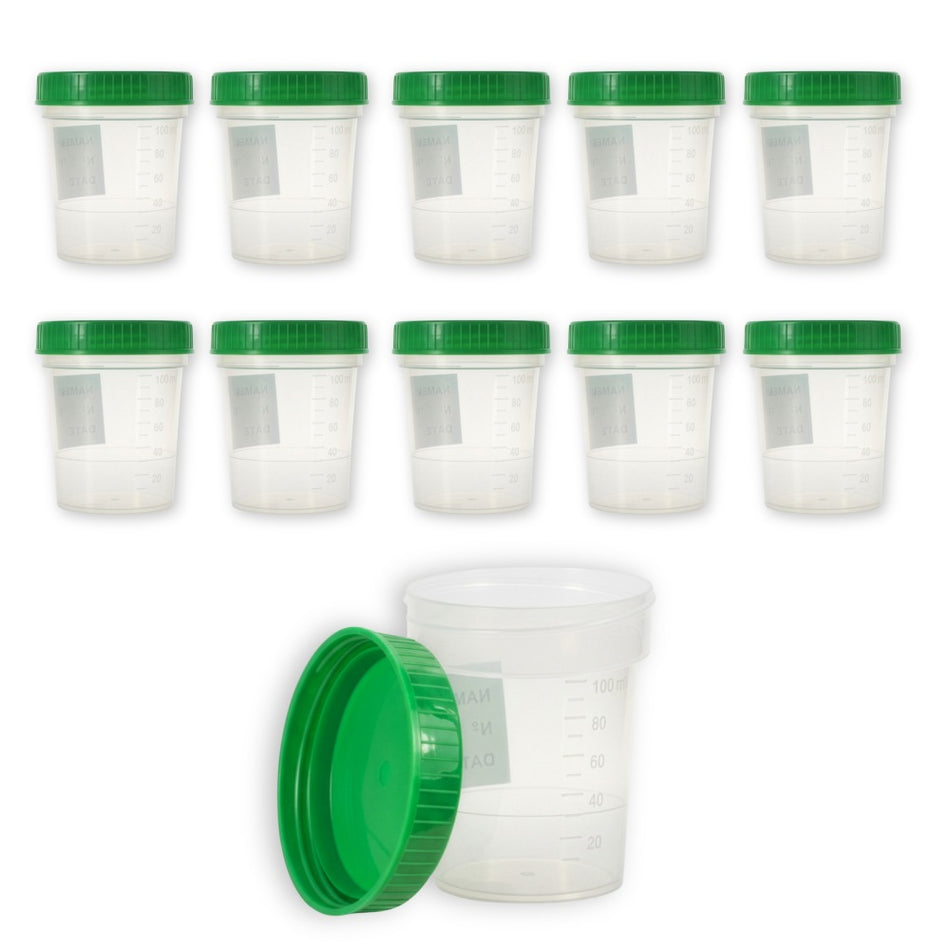 10 Urinbecher 100 ml mit grünem Schraubdeckel, transparent, graduiert