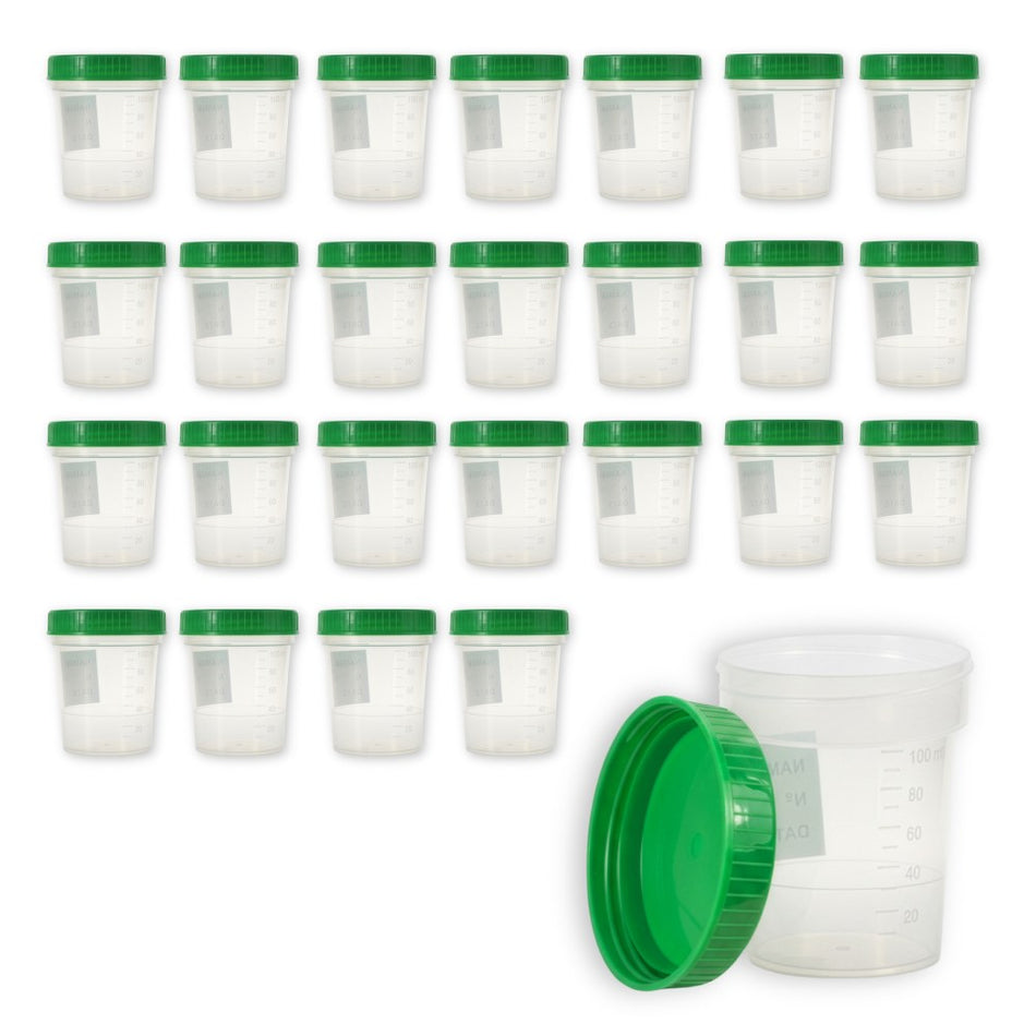 25 Urinbecher 100 ml mit grünem Schraubdeckel, medizinische Qualität
