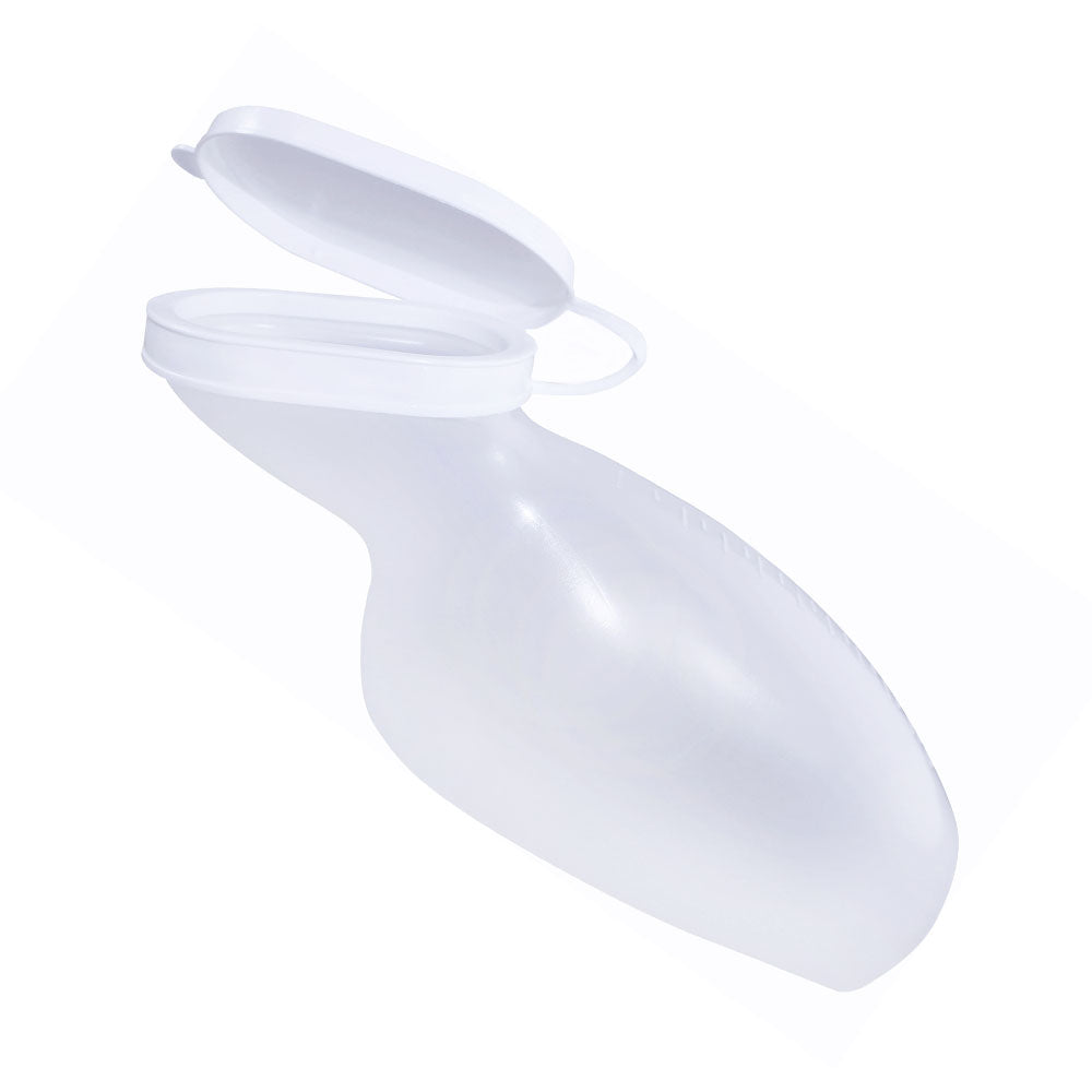 Medi-Inn Urinflasche für Frauen, 1.000 ml, PP, milchig-transparent, ergonomische Form mit geöffnetem Deckel – schräge Seitenansicht.