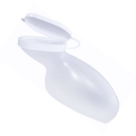 Medi-Inn Urinflasche für Frauen, 1.000 ml, PP, milchig-transparent, ergonomische Form mit geöffnetem Deckel – schräge Seitenansicht.