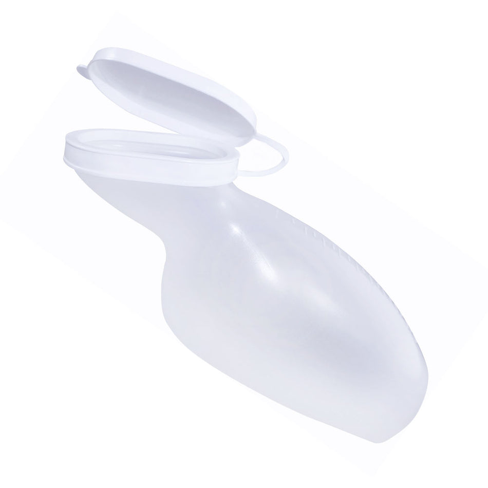 Medi-Inn Urinflasche für Frauen, 1.000 ml, PP, milchig-transparent, ergonomische Form mit geöffnetem Deckel – schräge Seitenansicht.