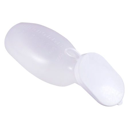 Medi-Inn Urinflasche für Frauen mit gut lesbarer Skala bis 1.000 ml, milchig-transparent, Deckel geschlossen – Draufsicht.