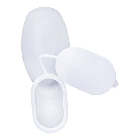 Medi-Inn Damen-Urinflasche, ovale Öffnung und Klappdeckel, milchig-transparent – Ansicht von oben.