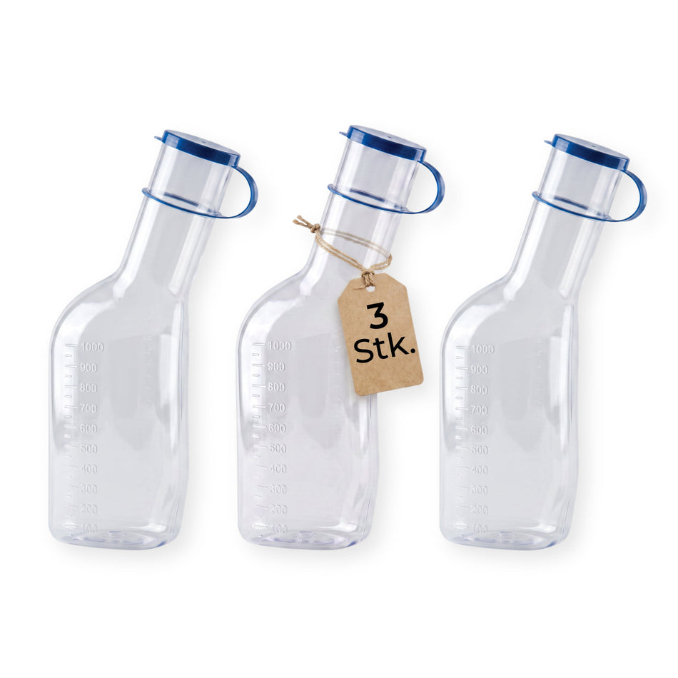 medi-inn Classic Urinflasche PC 1000 ml, 3er Vorteilspack, transparent mit blauem Deckel