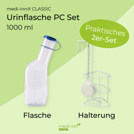 medi-inn Classic Urinflasche PC Set 1000 ml: Flasche mit blauem Deckel und Betthalterung mit Geruchsschutz