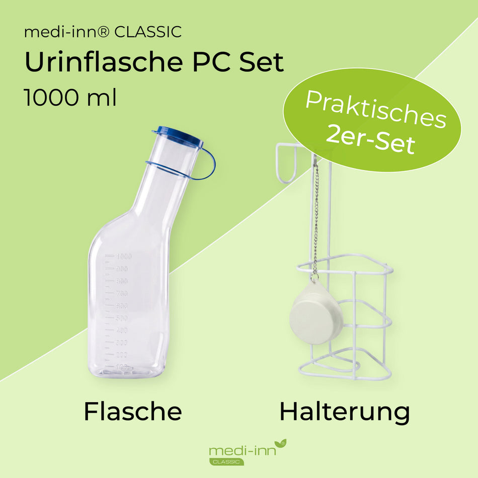 medi-inn Classic Urinflasche PC Set 1000 ml: Flasche mit blauem Deckel und Betthalterung mit Geruchsschutz