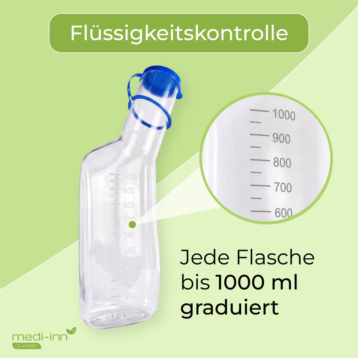 medi-inn Classic Urinflasche PC 1000 ml mit Nahaufnahme der Milliliter-Graduierung zur Flüssigkeitskontrolle