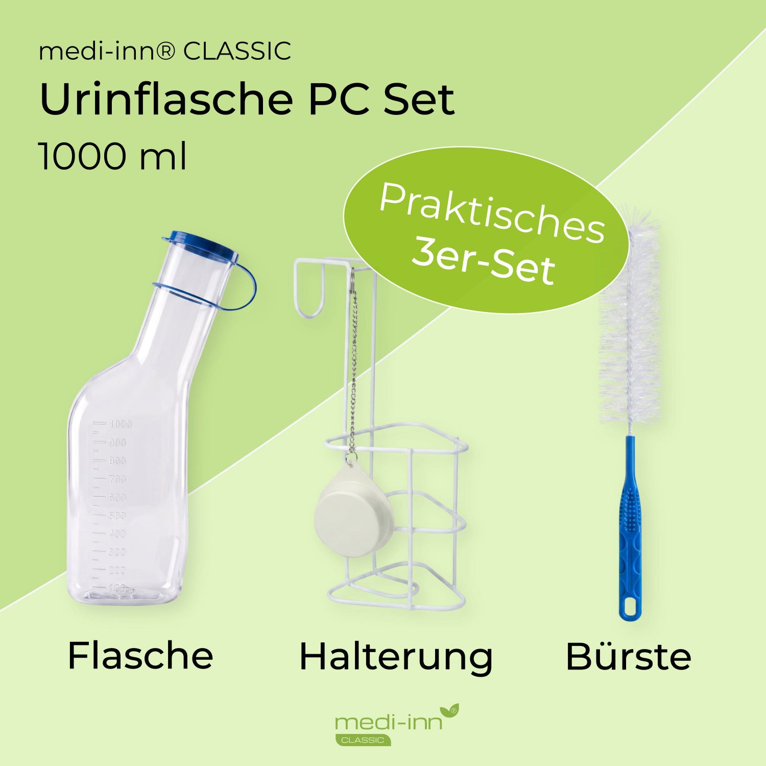 medi-inn Classic Urinflasche PC Set 1000 ml: Flasche, Betthalterung mit Geruchsschutz und Reinigungsbürste