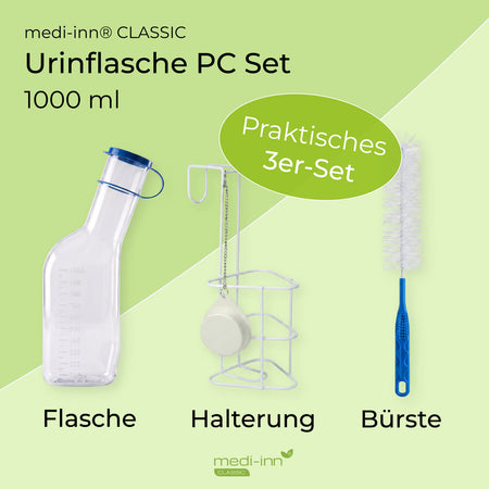 medi-inn Classic Urinflasche PC Set 1000 ml: Flasche, Betthalterung mit Geruchsschutz und Reinigungsbürste