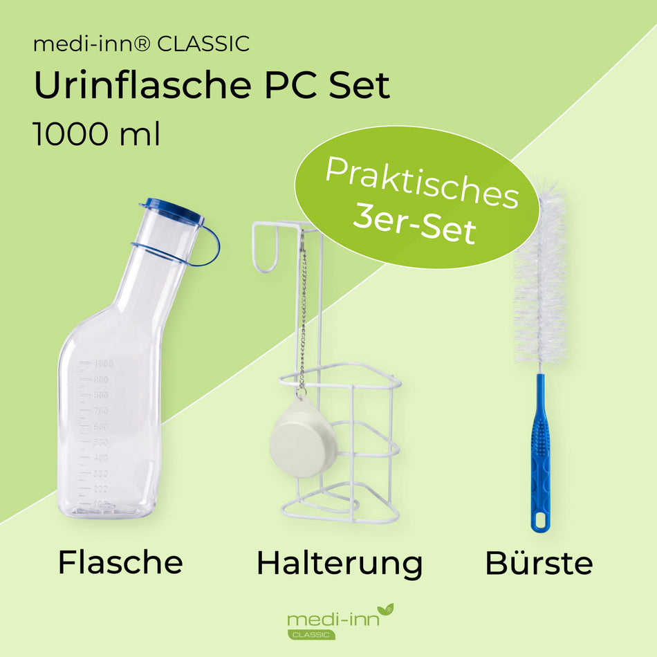 medi-inn Classic Urinflasche PC Set 1000 ml: Flasche, Betthalterung mit Geruchsschutz und Reinigungsbürste