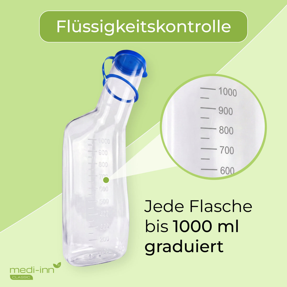 medi-inn Classic Urinflasche PC 1000 ml mit Nahaufnahme der Milliliter-Graduierung zur Flüssigkeitskontrolle