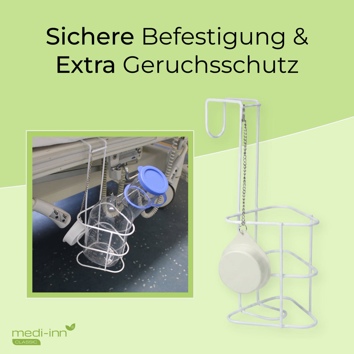 medi-inn Classic Betthalter mit Urinflasche PC am Krankenhausbett, sichere Befestigung und Geruchsschutz