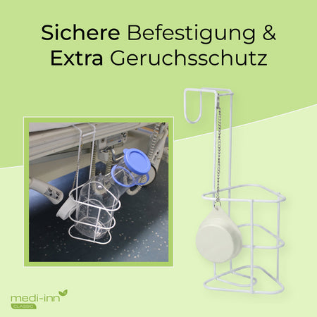 medi-inn Classic Betthalter mit Urinflasche PC am Krankenhausbett, sichere Befestigung und Geruchsschutz