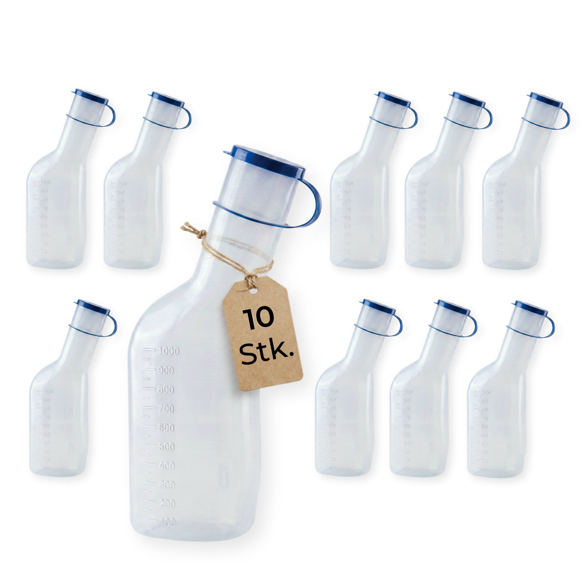 medi-inn Classic Urinflasche PP 1000 ml, Großpack mit 10 Stück, blauer Deckel mit Haltebügel