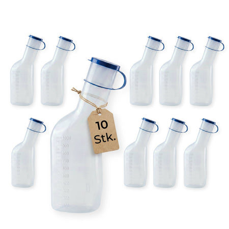 medi-inn Classic Urinflasche PP 1000 ml, Großpack mit 10 Stück, blauer Deckel mit Haltebügel