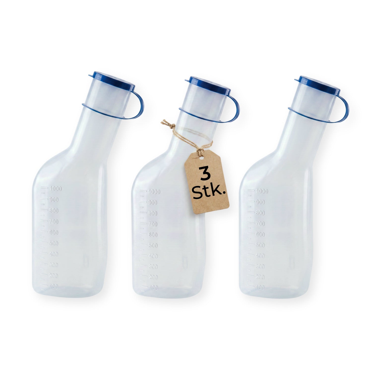 medi-inn Classic Urinflasche PP 1000 ml, Vorteilspack mit 3 Stück, blauer Deckel mit Haltebügel