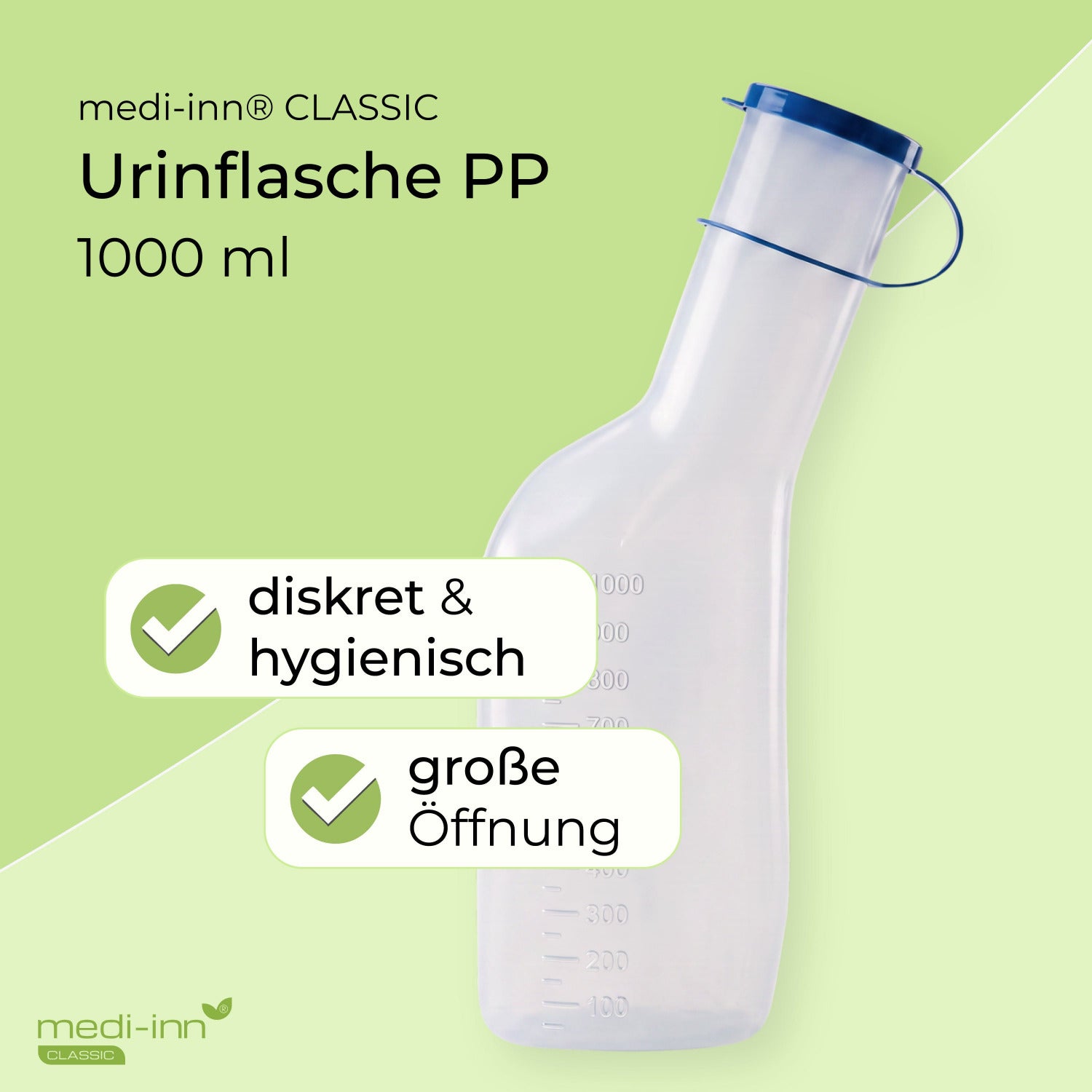 medi-inn Classic Urinflasche PP 1000 ml, diskret und hygienisch mit großer Öffnung und Graduierung