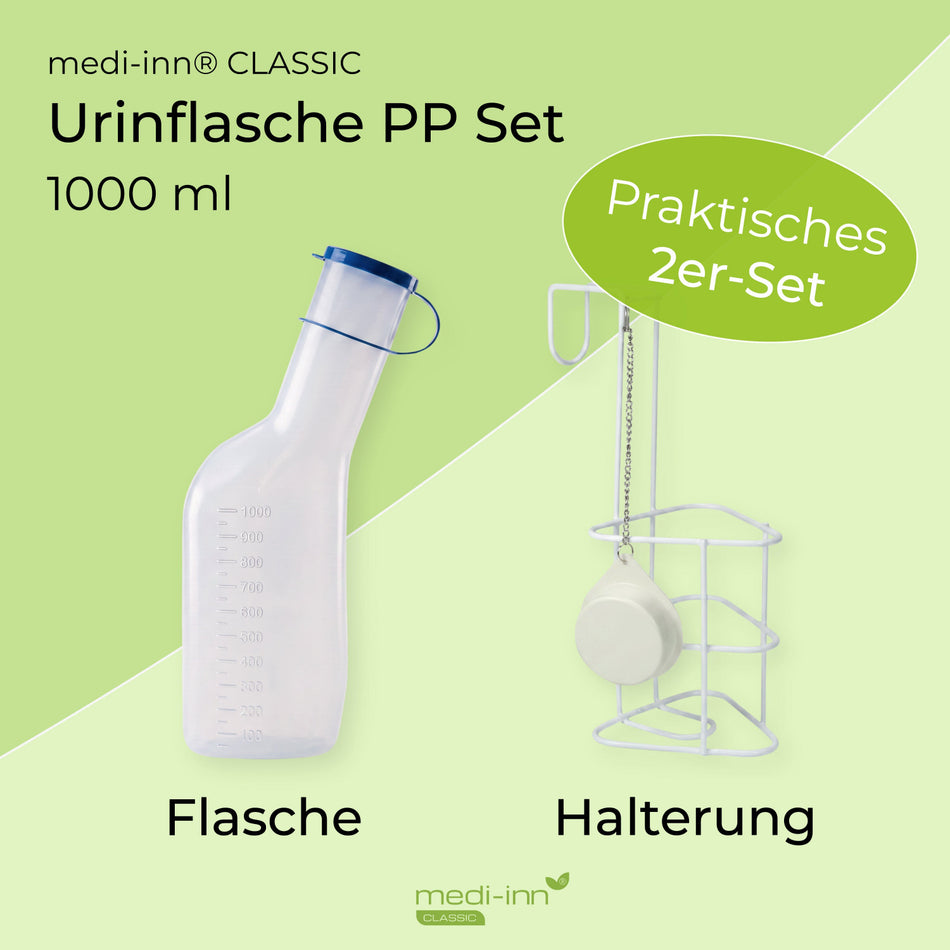 medi-inn Classic Urinflasche PP Set 1000 ml: Flasche mit blauem Deckel und Betthalterung mit Geruchsschutz