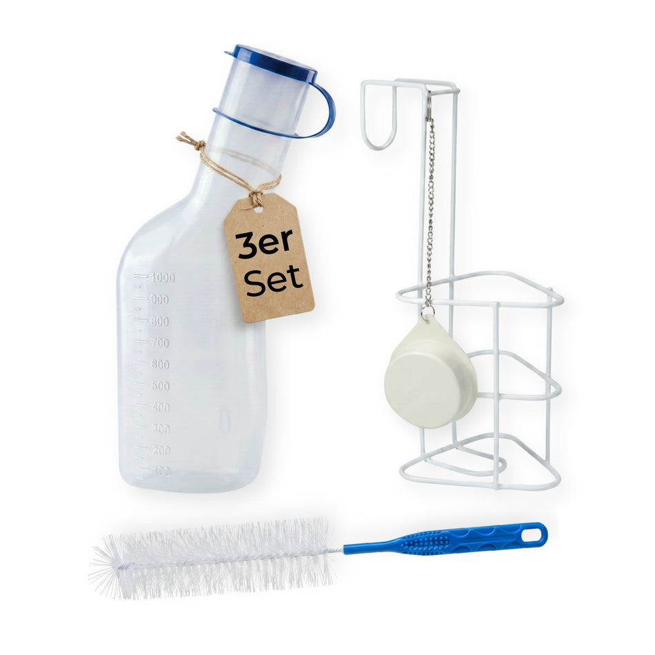medi-inn Classic Urinflasche PP 1000 ml, 3er-Set mit Flasche, Betthalterung und Reinigungsbürste