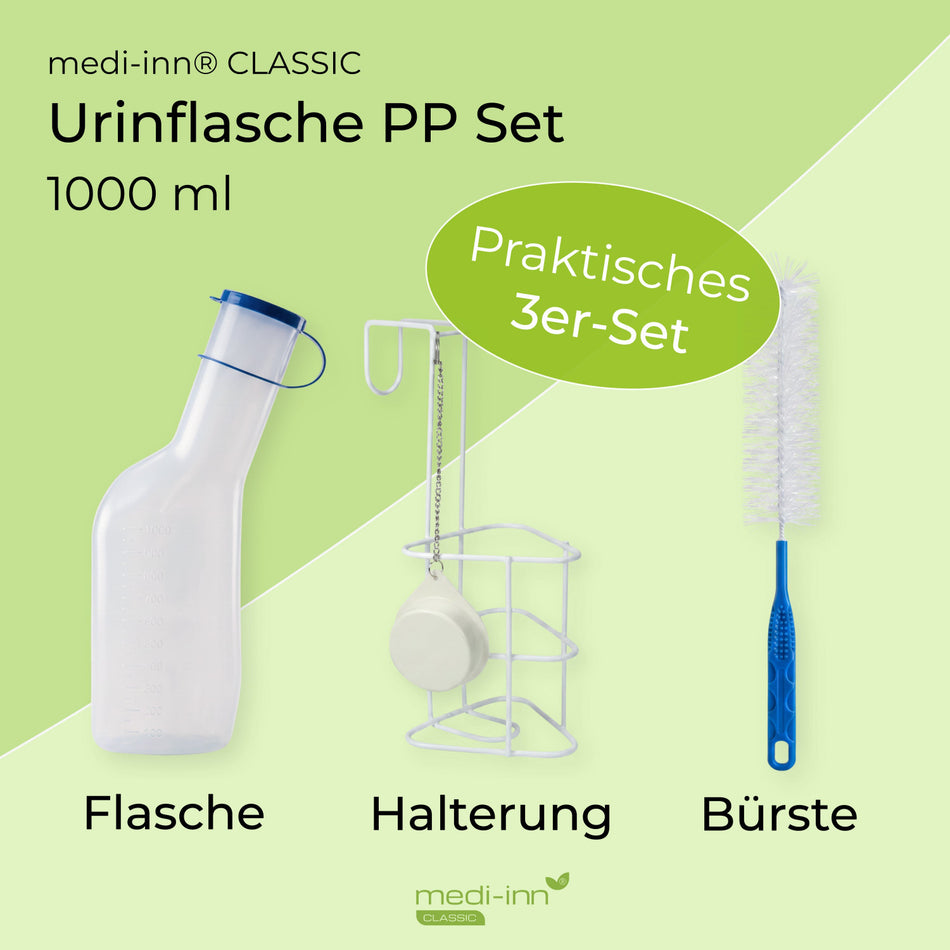 medi-inn Classic Urinflasche PP Set 1000 ml: Flasche, Betthalterung mit Geruchsschutz und Bürste