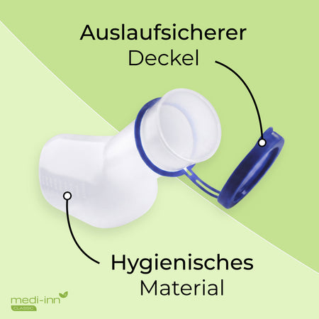 medi-inn Classic Urinflasche PP mit auslaufsicherem Deckel und hygienischem Kunststoffmaterial, Nahaufnahme