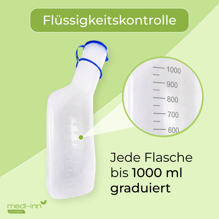 medi-inn Classic Urinflasche PP 1000 ml mit Nahaufnahme der Milliliter-Graduierung zur Flüssigkeitskontrolle