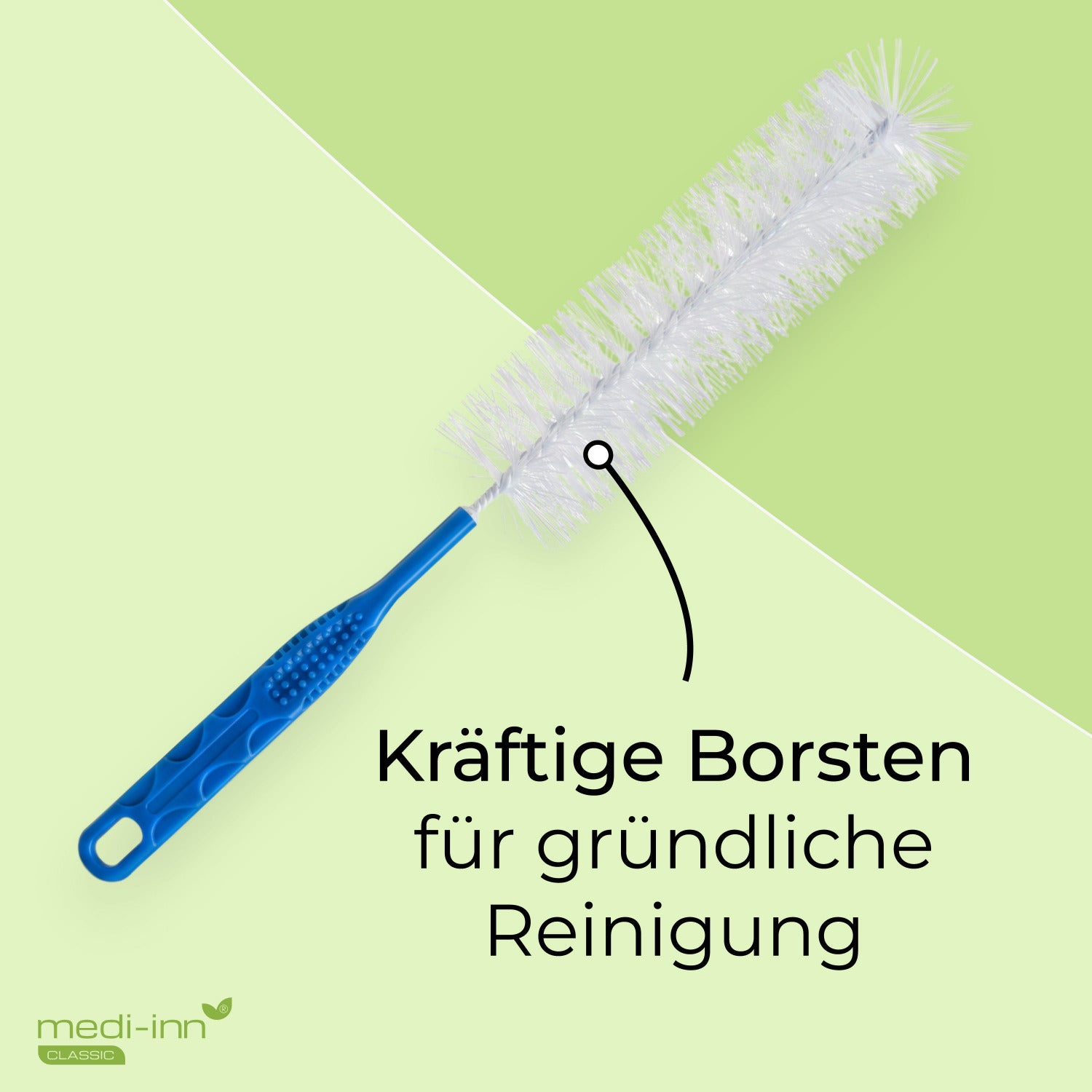 Reinigungsbürste mit blauem Griff und kräftigen weißen Borsten zur Reinigung der medi-inn Urinflasche
