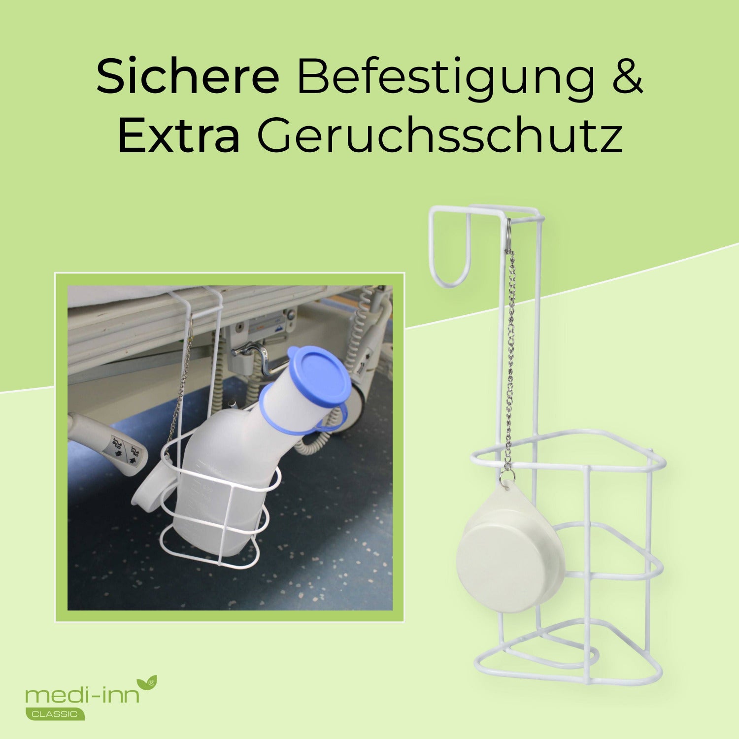 medi-inn Bettahlterung für Urinflasche am Krankenhausbett, mit Geruchsschutz-Deckel an Kette