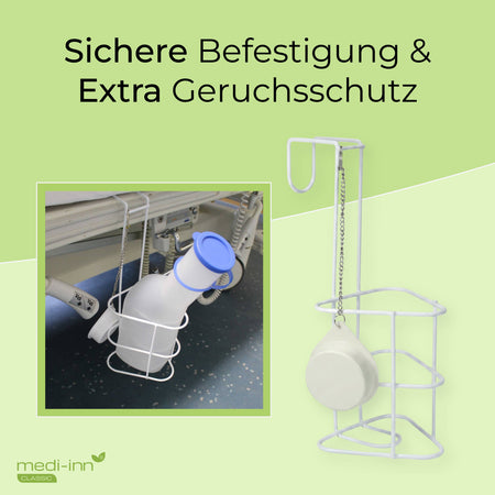 medi-inn Bettahlterung für Urinflasche am Krankenhausbett, mit Geruchsschutz-Deckel an Kette