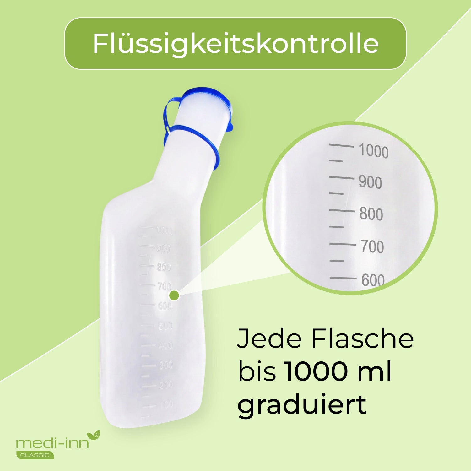 medi-inn Classic Urinflasche PP 1000 ml mit Nahaufnahme der Milliliter-Graduierung zur Flüssigkeitskontrolle