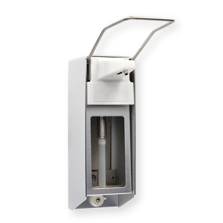 Seitliche Ansicht eines Medi-Inn Wandspenders Aluminium mit Langarmhebel 500 ml.