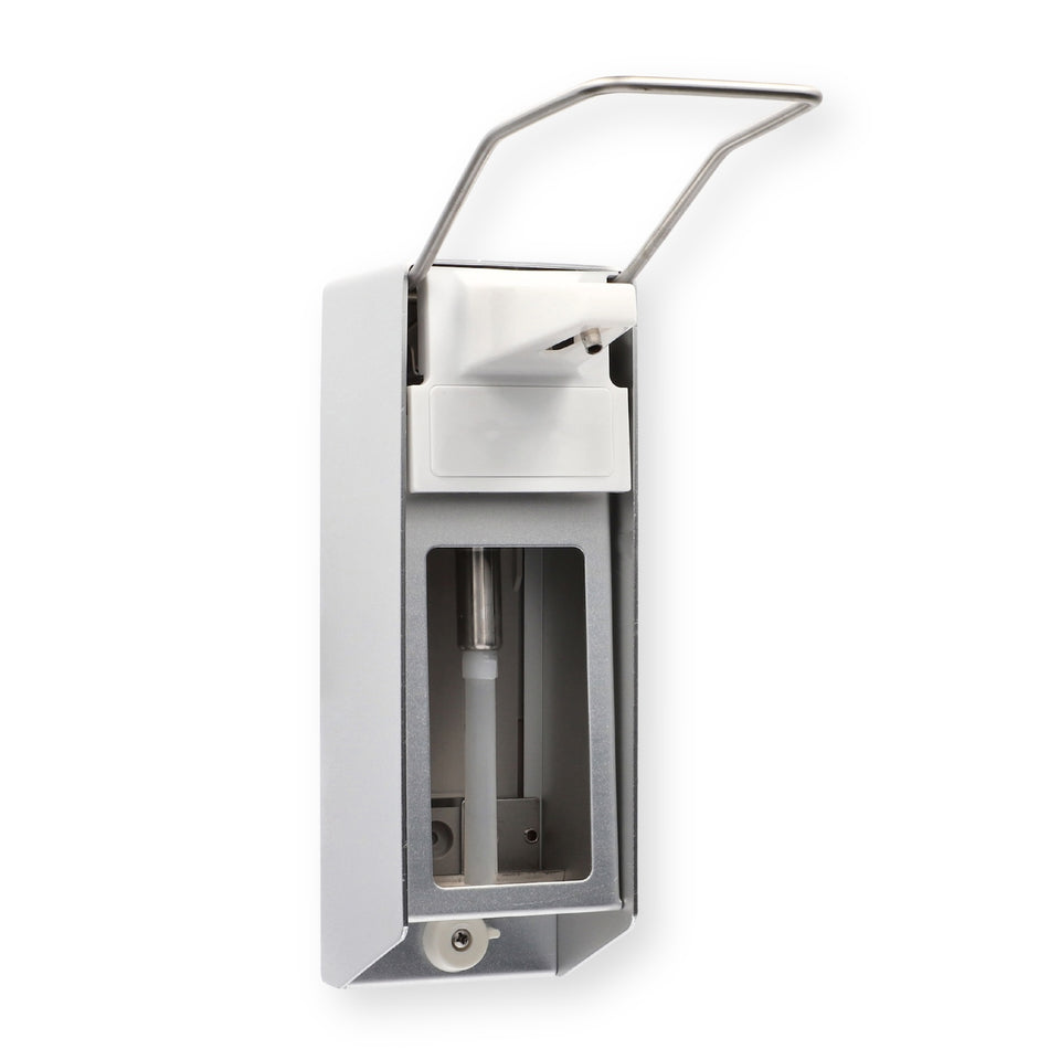 Seitliche Ansicht eines Medi-Inn Wandspenders Aluminium mit Langarmhebel 500 ml.