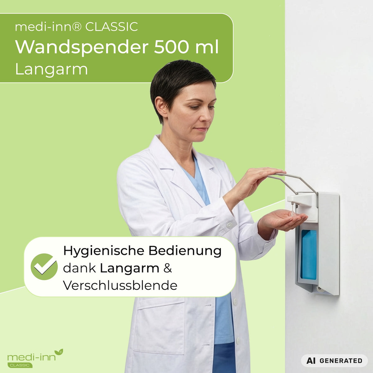 Medizinische Fachkraft bedient den Wandspender, daneben der Hinweis: Hygienische Bedienung dank langlebigem Langarmhebel