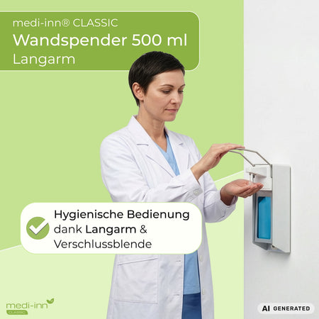 Medizinische Fachkraft bedient den Wandspender, daneben der Hinweis: Hygienische Bedienung dank langlebigem Langarmhebel
