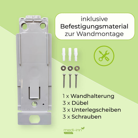 Inklusive Befestigungsmaterial zur Wandmontage: 1 x Wandhalterung, 3 x Dübel, 3 x Unterlegscheiben, 3 x Schrauben, 1 x Schlüssel