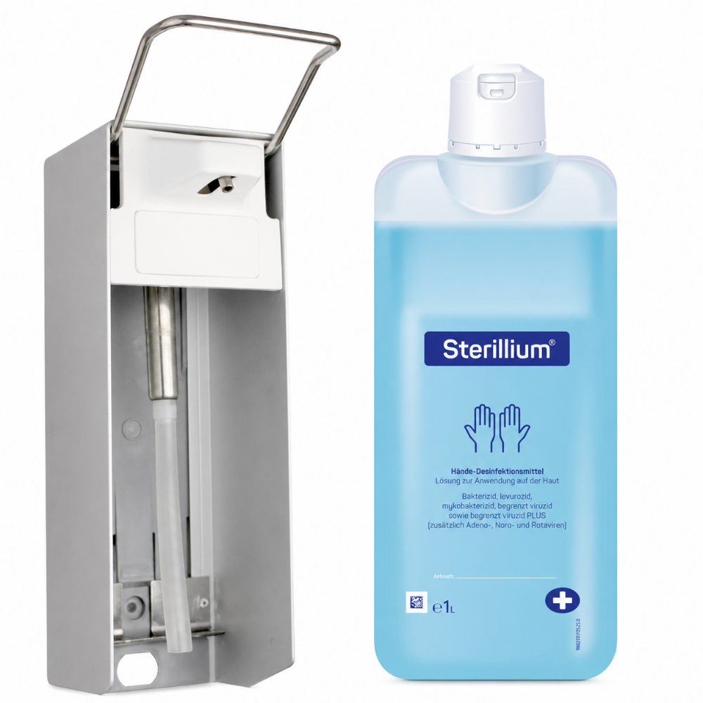 Medi-Inn Wandspender Aluminium, Langarmhebel, mit Verschlussblende, 1000 ml + Bode Sterillium 1000 ml