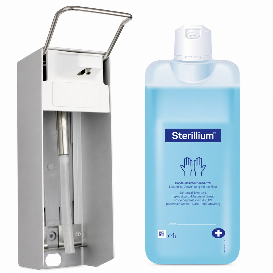 Medi-Inn Wandspender Aluminium, Langarmhebel, mit Verschlussblende, 1000 ml + Bode Sterillium 1000 ml