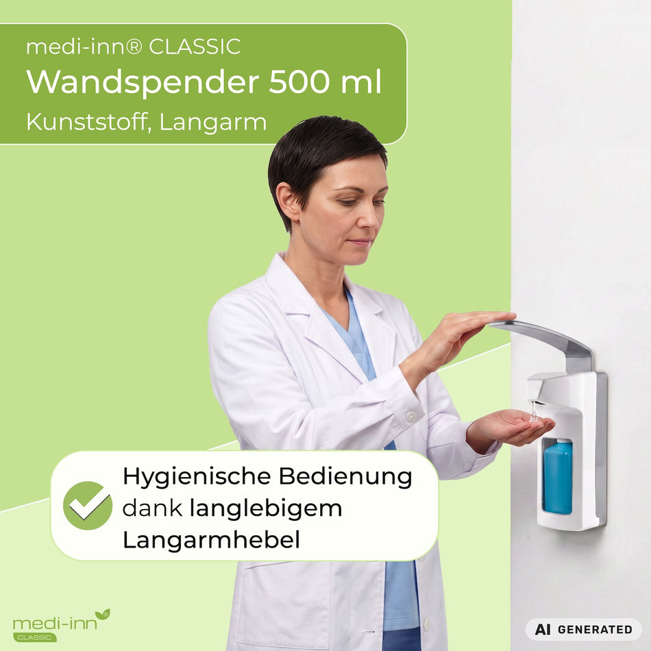Medizinische Fachkraft bedient den Wandspender, daneben der Hinweis: Hygienische Bedienung dank langlebigem Langarmhebel