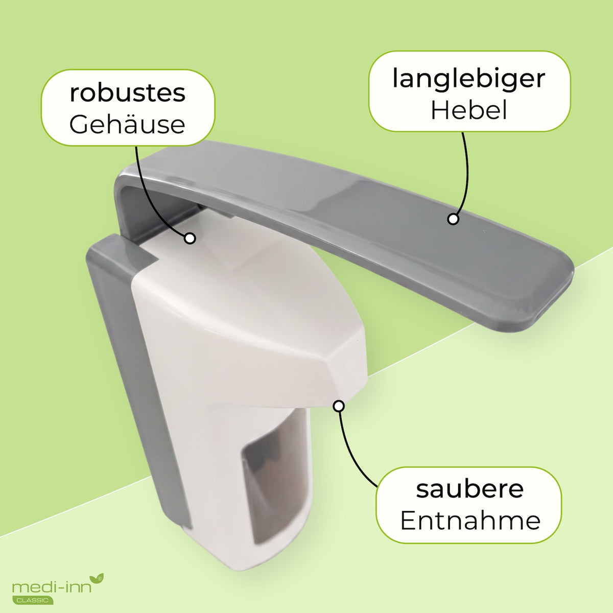 Eigenschaften: robustes Gehäuse, langlebiger Hebel, saubere Entnahme