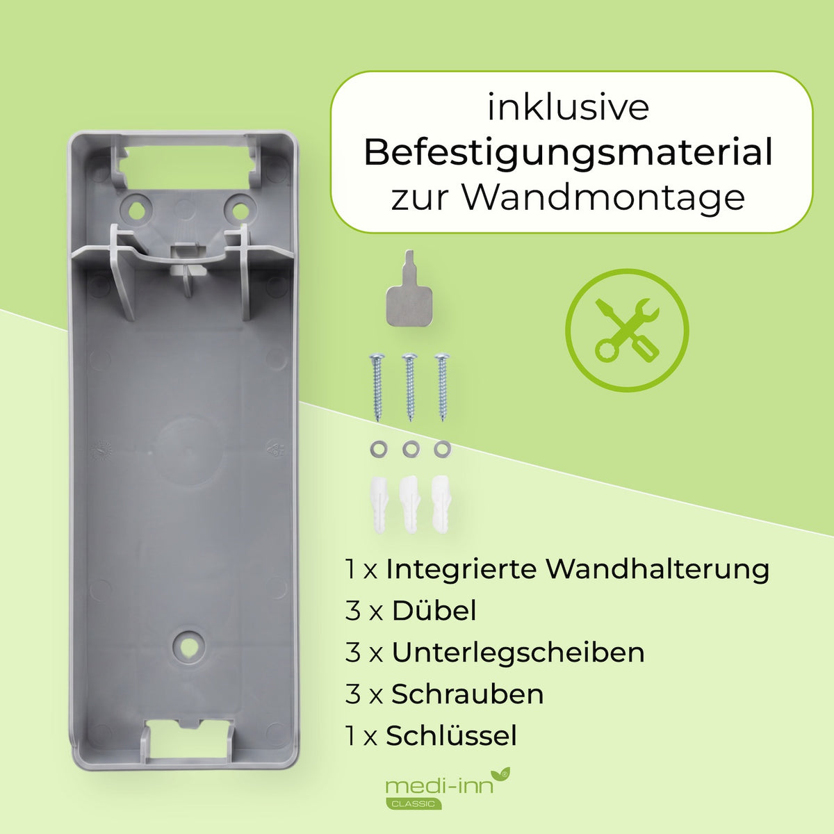 Inklusive Befestigungsmaterial zur Wandmontage: 1 x Wandhalterung, 3 x Dübel, 3 x Unterlegscheiben, 3 x Schrauben, 1 x Schlüssel