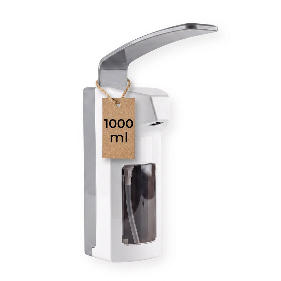Seitliche Ansicht eines Medi-Inn Wandspenders Kunststoff mit Langarmhebel 1000 ml.