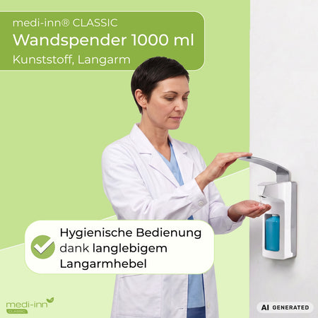 Medizinische Fachkraft bedient den Wandspender, daneben der Hinweis: Hygienische Bedienung dank langlebigem Langarmhebel